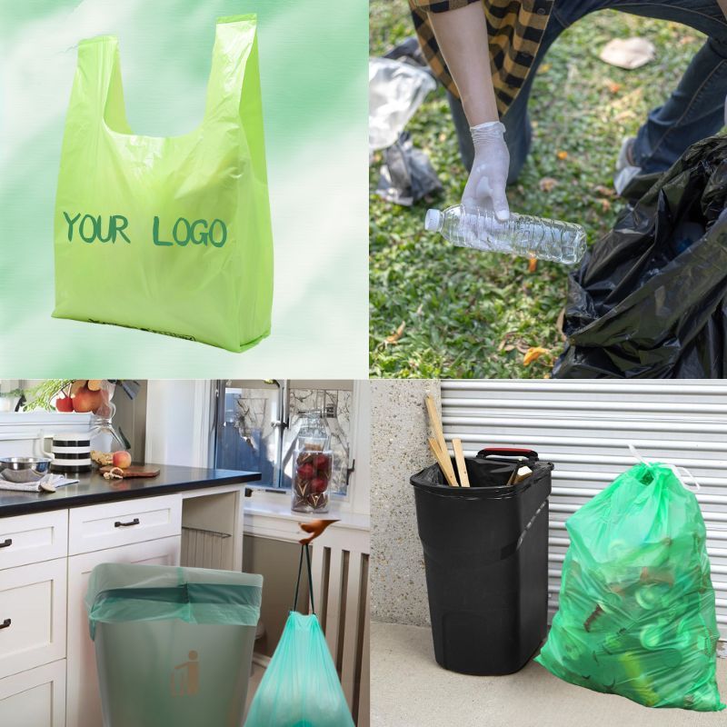 Eco-friendly biodegradable trash bags for kitchen, industrial, and retail applications.