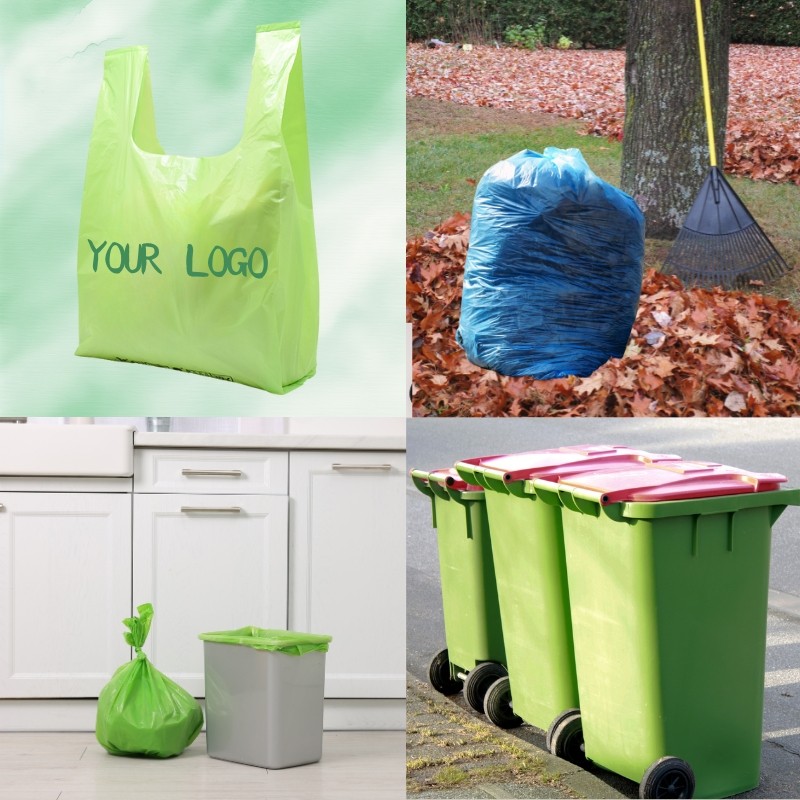 Eco-friendly biodegradable trash bags for kitchen, industrial, and retail applications.