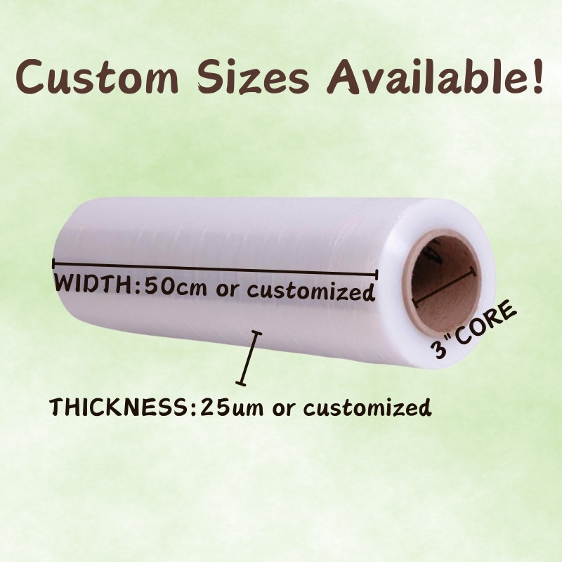 Compostable stretch film specifications: width 50cm, thickness 25μm, roll weight 3–5kg, with customizable sizes and specifications available to meet diverse needs