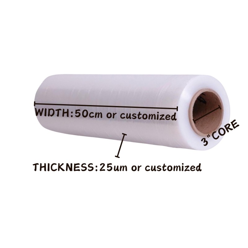 Customizable eco-friendly plastic wrap rolls in various sizes and colors to suit different business needs.