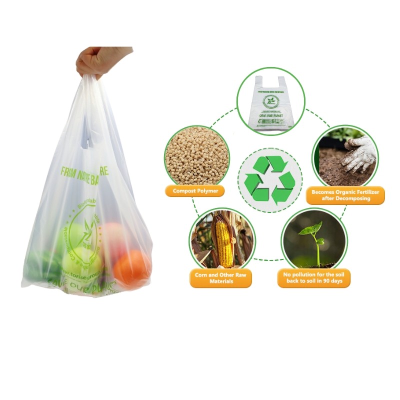 Compostable shopping bags made from biodegradable plant starches, breaking down into nutrient-rich organic matter within months, promoting soil enrichment and reducing landfill waste.