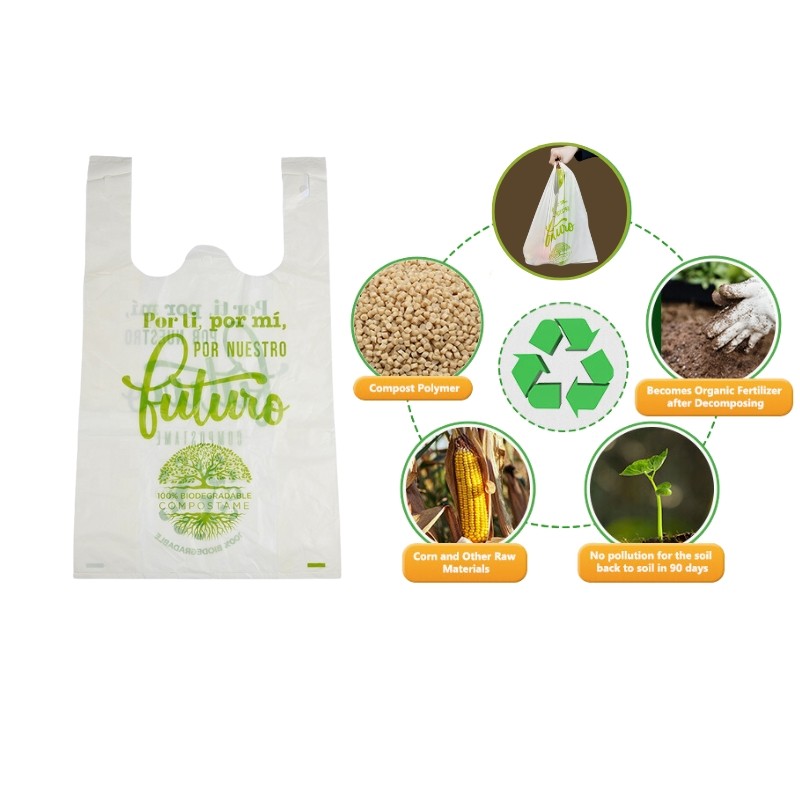 Compostable shopping bags made from natural plant starch naturally decompose into organic matter in a composting environment.