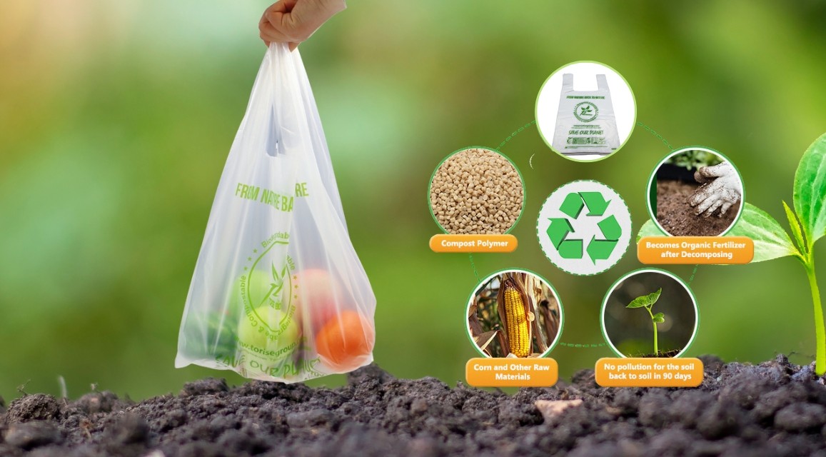 Cycle from plant to raw material, to compostable bag, to soil, and back to plant, illustrating the sustainable lifecycle of compostable products