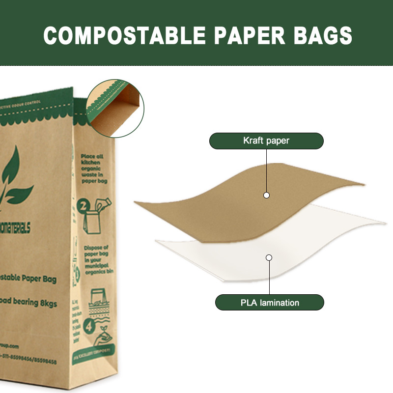 "A diagram of a compostable paper bag showing its construction, with an outer layer of kraft paper and an inner layer of PLA laminate.
