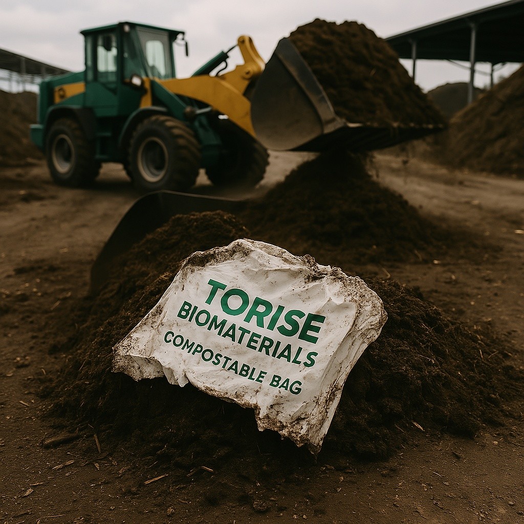 Torise Biomaterials compostable bags in the process of decomposition at a commercial composting facility.