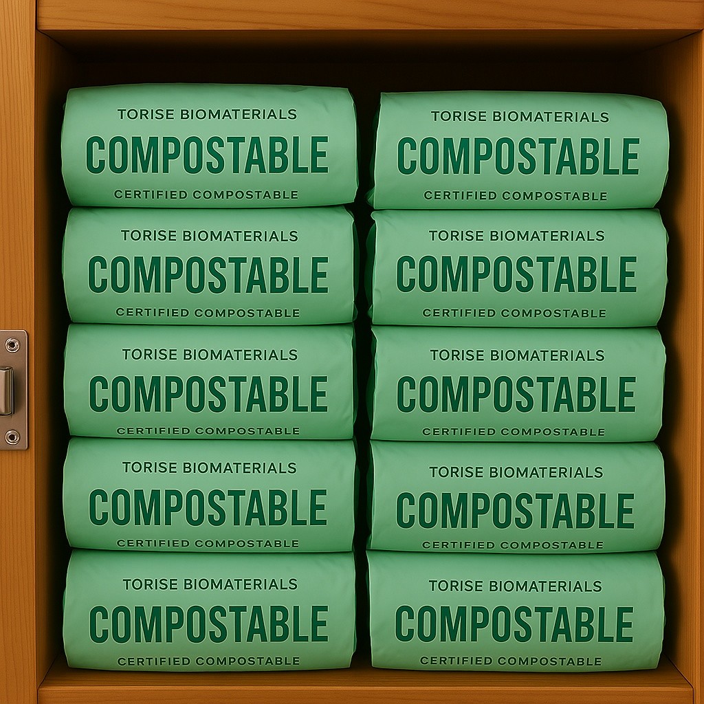Torise Biomaterials' compostable bags neatly stacked in a storage cabinet.