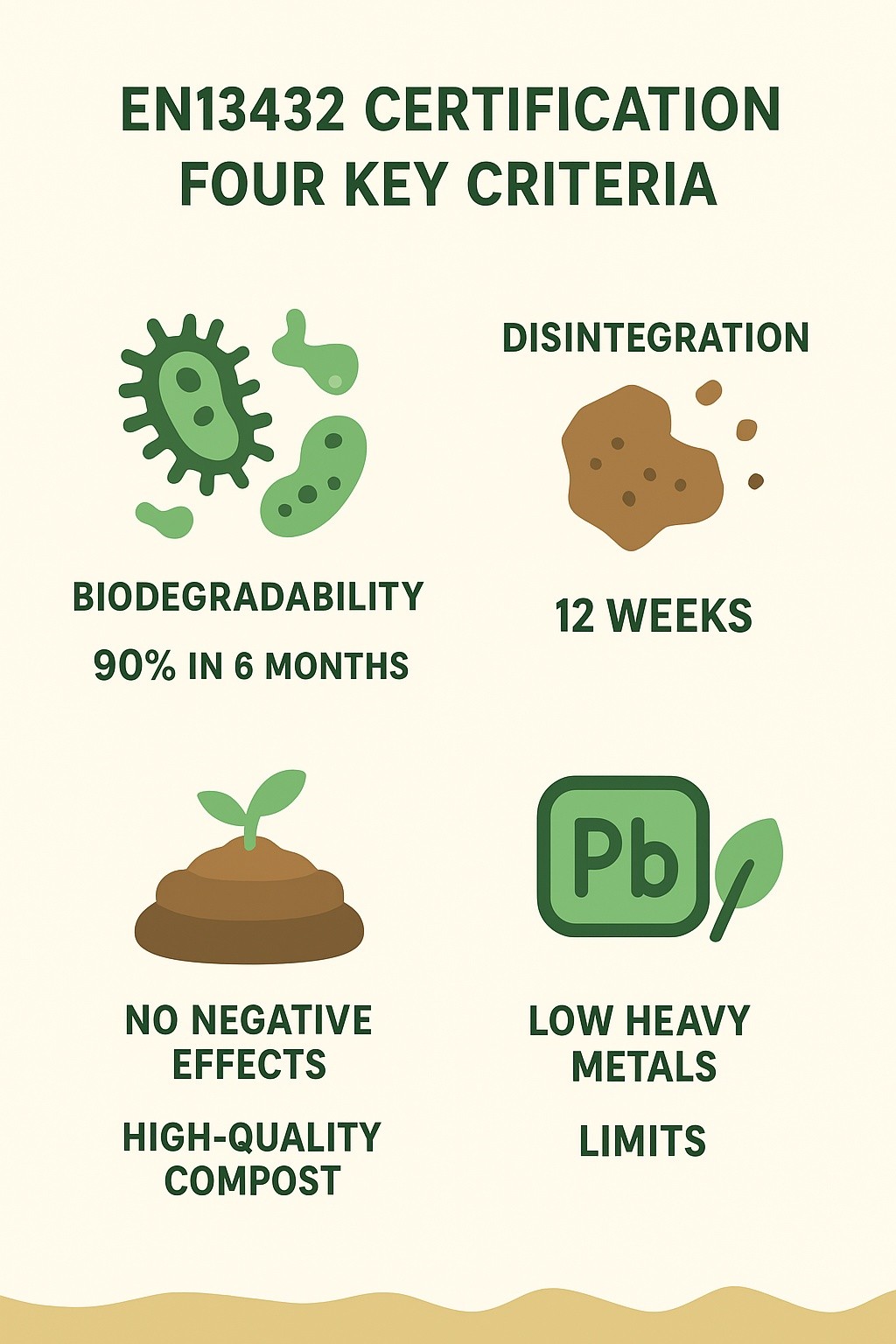 EN13432 infographic: compostable bags criteria – biodegradability, disintegration, no eco-toxicity, low heavy metals, 90% in 6 months.