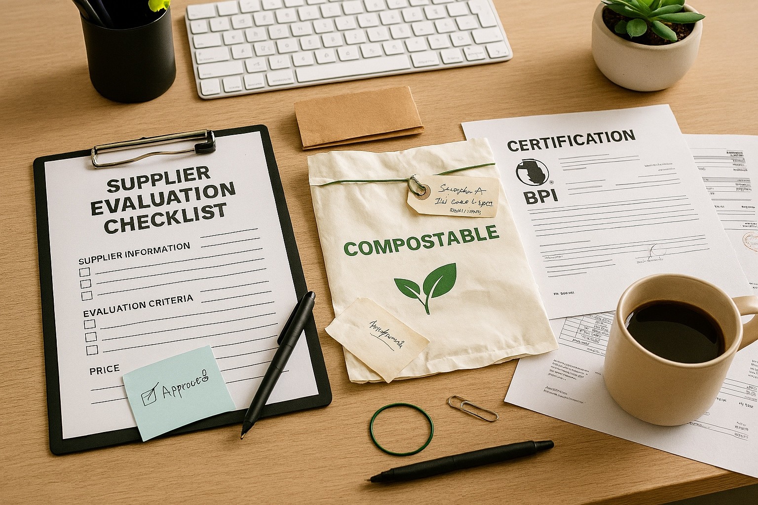 procurement evaluation checklist, BPI certification documents, and eco-friendly compostable bags in office setting