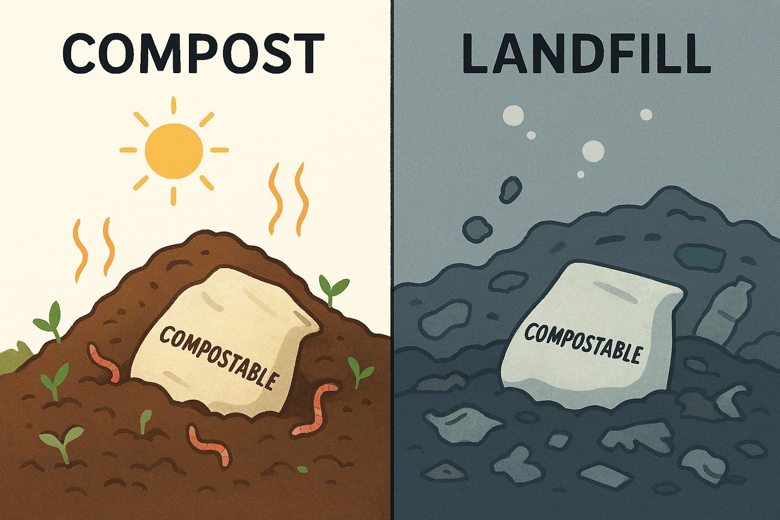 Diagram comparing compostable bag decomposition in ideal composting conditions (left) versus landfill preservation (right)