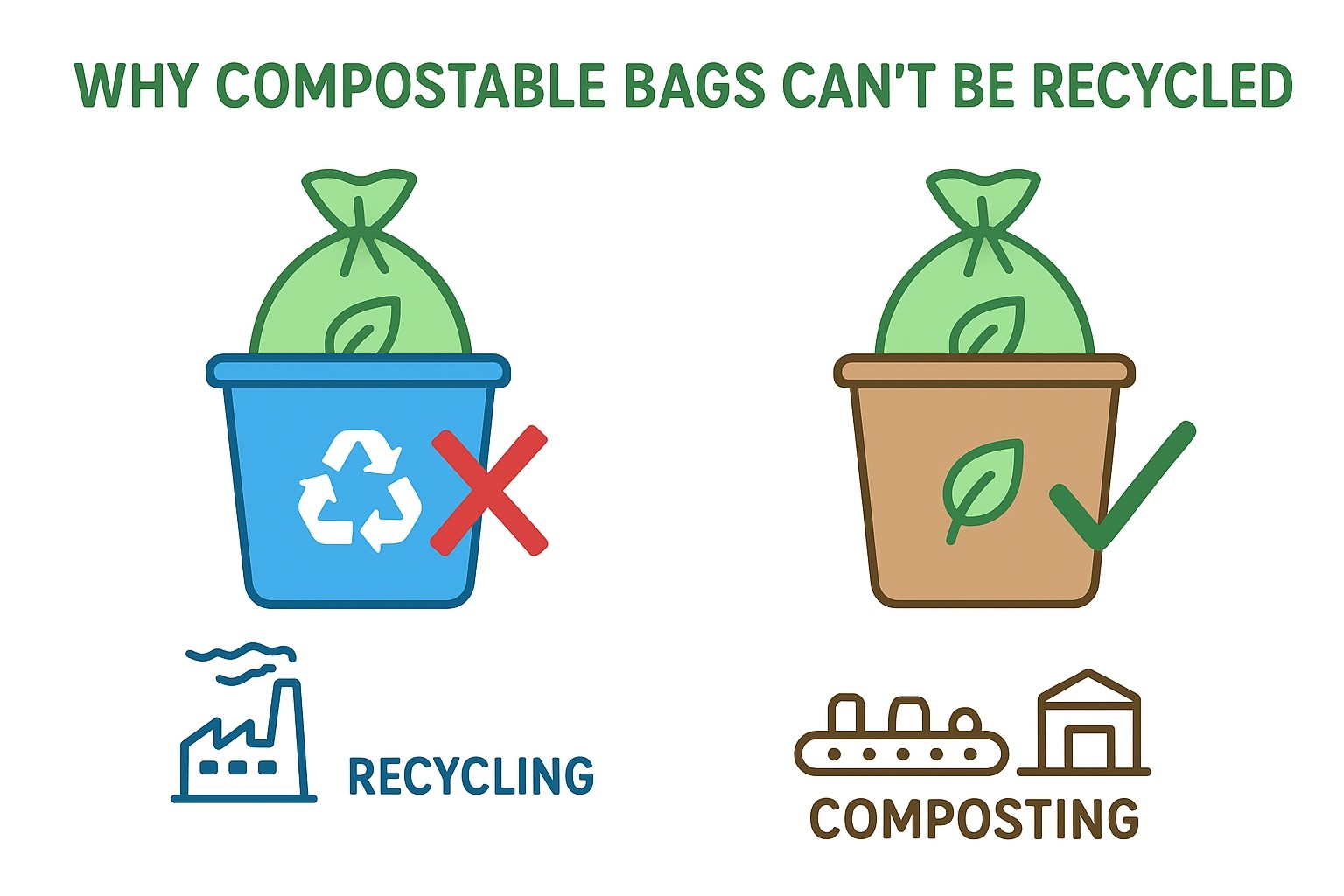 Compostable bags should be sent to industrial composting facilities, not recycling bins.
