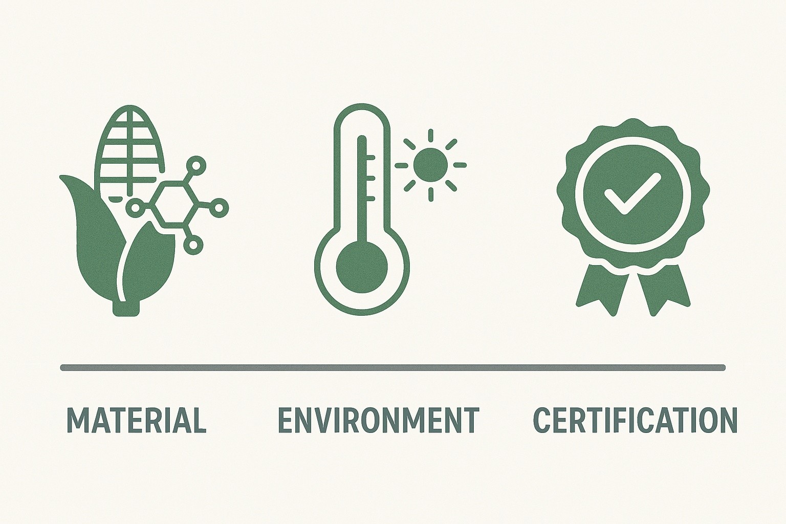 Simple infographic showing the three key factors for compostable cutlery breakdown: Material, Environment, and Certification.
