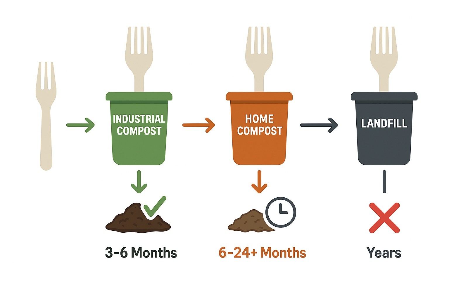 Comparison timeline: fast decomposition in industrial compost (3-6 months) vs. very slow decomposition in landfill (years)