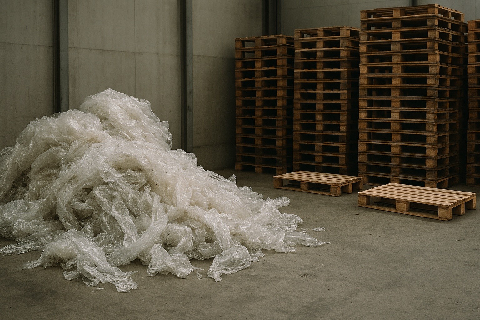 Industrial warehouse filled with used plastic stretch film and pallets, illustrating the scale of packaging waste and environmental challenge.