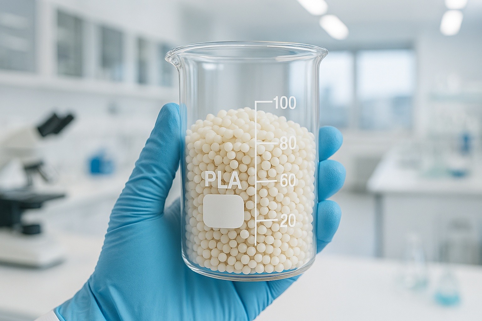 Modern laboratory or clean facility with scientists examining biopolymer materials like PLA pellets, representing advanced compostable packaging technology.