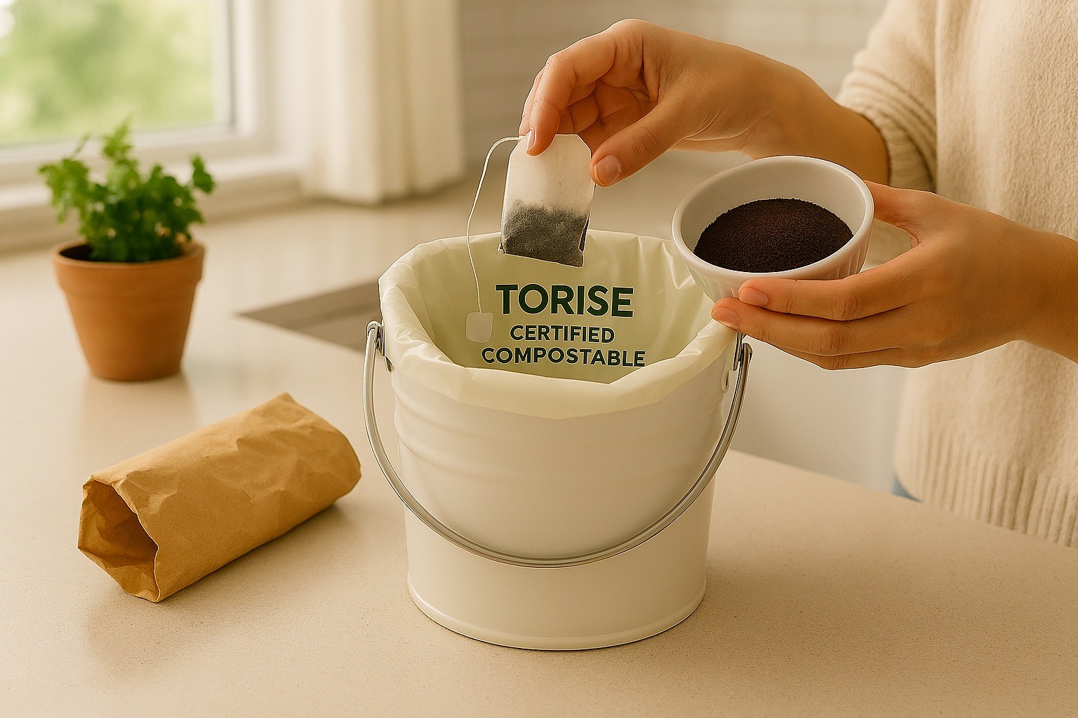 Composting materials including tea bags, coffee grounds, and paper bags on a wooden surface