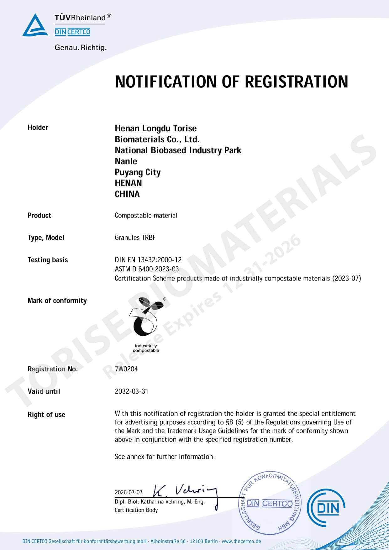 EN13432 certification for compostable resin material by TÜV Austria
