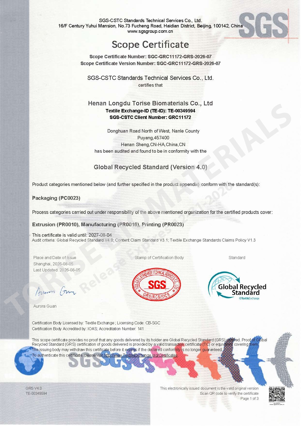 Global Recycled Standard V4.0 Certificate