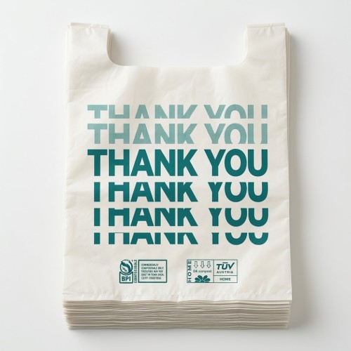 Bulk Large Compostable Thank You Shopping Bags, Heavy Duty T-Shirt Bags for Supermarket, BPI Certified (13.8x23.6")