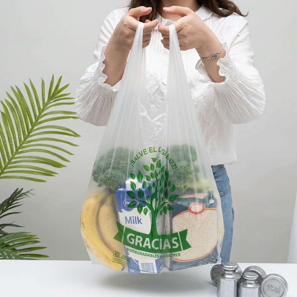Compostable T-shirt shopping bag shown carrying groceries