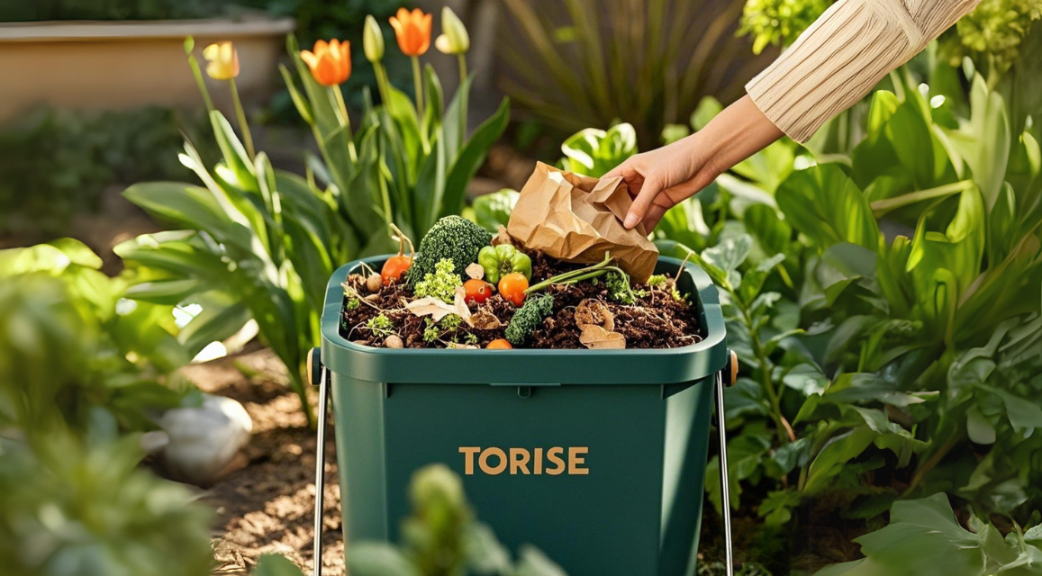 Close-up of a compost bin with organic waste, including torn brown paper bags and vegetable scraps. A hand places a Torise compostable kitchen waste bag into the bin, with a lush garden in the background, symbolizing sustainability.