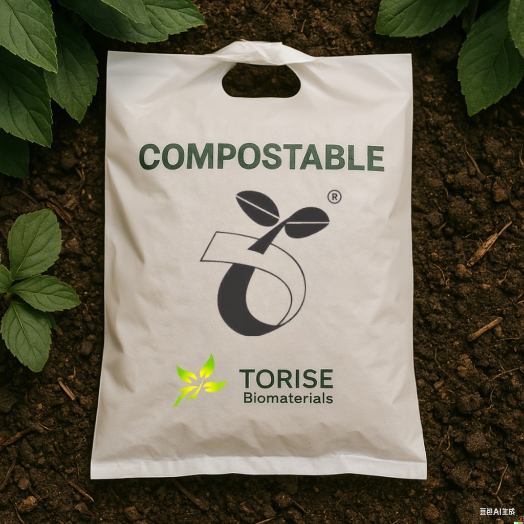 Compostable bag with Seedling Logo on a natural background