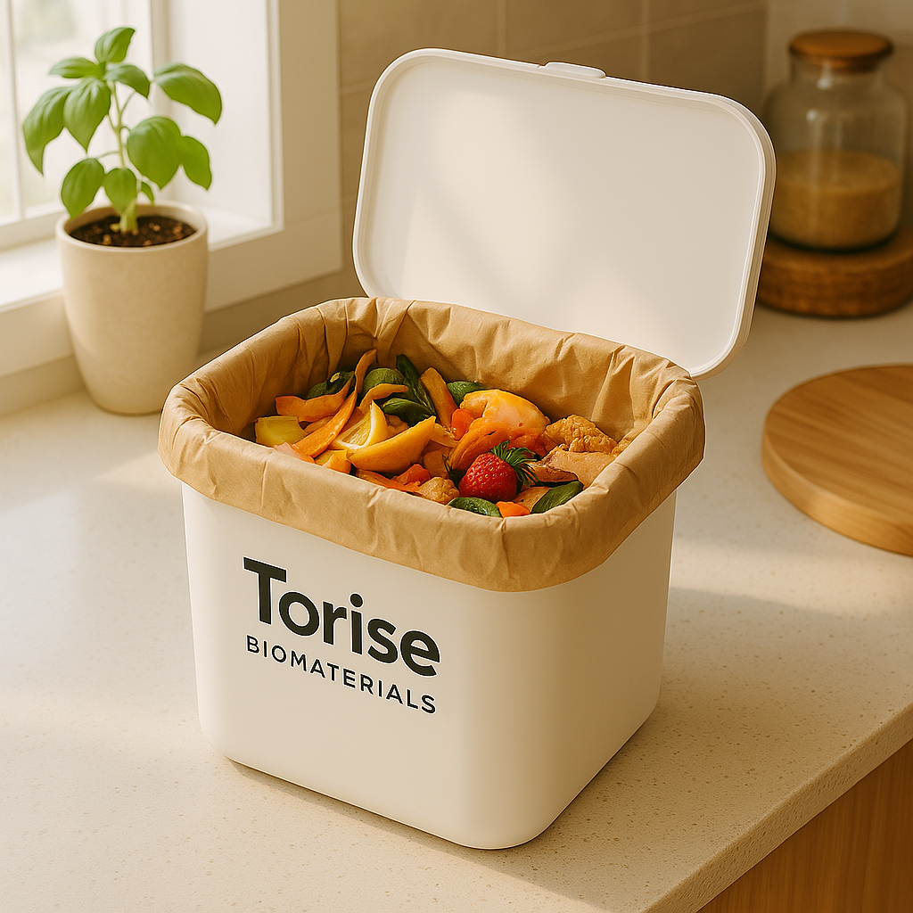 A clean kitchen countertop compost bin lined with a kraft paper compostable bag, containing various food scraps, illuminated with bright lighting and featuring an eco-friendly aesthetic