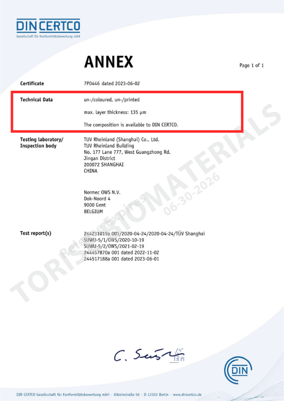 Certificación DIN CERTCO 7P0446 - Sección de espesor resaltada en rojo