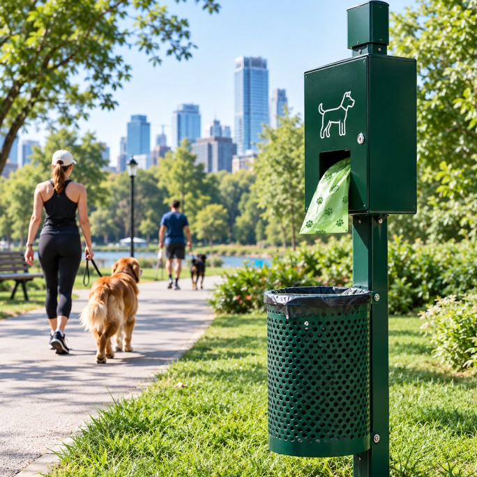 public dog-waste station, compostable dog poop bag application