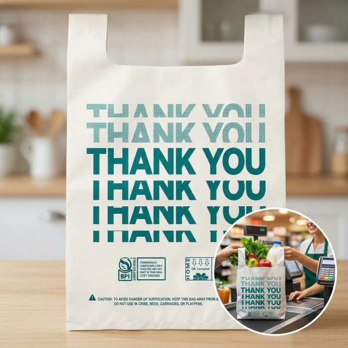 Bulk Large Compostable Thank You Shopping Bags, Heavy Duty T-Shirt Bags for Supermarket, BPI Certified (13.8x23.6")