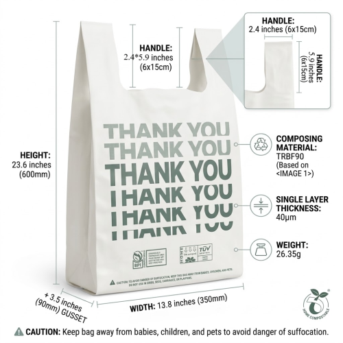Bulk Large Compostable Thank You Shopping Bags, Heavy Duty T-Shirt Bags for Supermarket, BPI Certified (13.8x23.6")