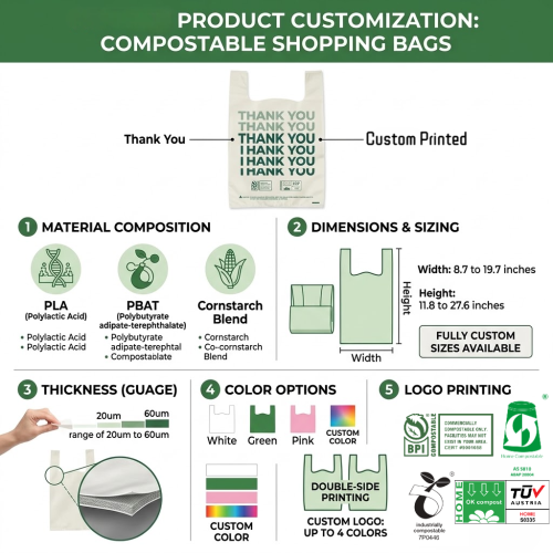 Bulk Large Compostable Thank You Shopping Bags, Heavy Duty T-Shirt Bags for Supermarket, BPI Certified (13.8x23.6")