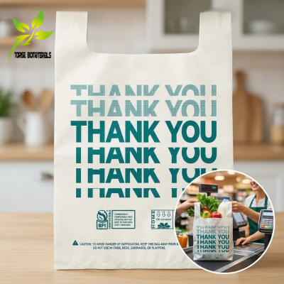 Bulk Large Compostable Thank You Shopping Bags, Heavy Duty T-Shirt Bags for Supermarket, BPI Certified (13.8x23.6")