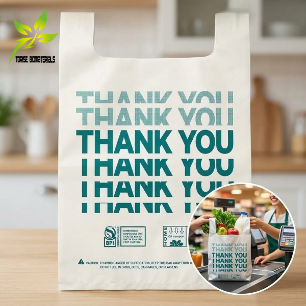 Bulk Large Compostable Thank You Shopping Bags, Heavy Duty T-Shirt Bags for Supermarket, BPI Certified (13.8x23.6