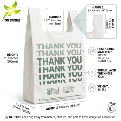 Bulk Large Compostable Thank You Shopping Bags, Heavy Duty T-Shirt Bags for Supermarket, BPI Certified (13.8x23.6