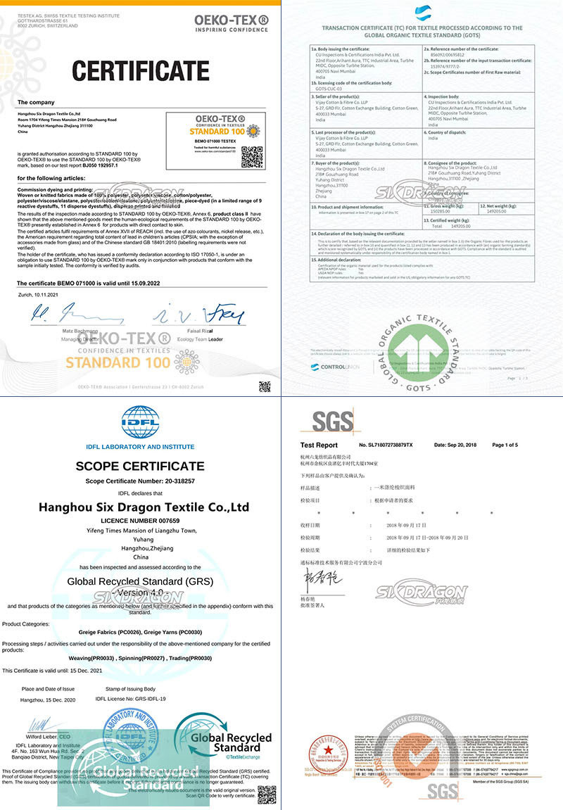 our certification(BCI,GOTS,GRS,SGS,BV,OEKO)