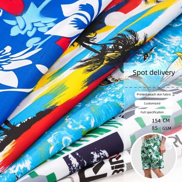 All-Polyester Beach Pants Fabric: Twill Peach Skin, Printed Design-for OEM and ODM,Spot Delivery