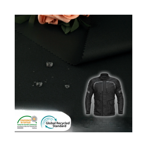 Recycled 600D Oxford fabric with PU coating, suitable for motorcycle riding apparel.