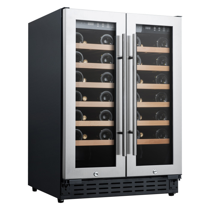 Customizable 42 Bottles Wine Cooler with Double Glass Door and Wooden Shelves, Under Counter or Freestanding