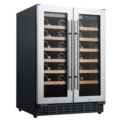 Customizable 42 Bottles Wine Cooler with Double Glass Door and Wooden Shelves, Under Counter or Freestanding