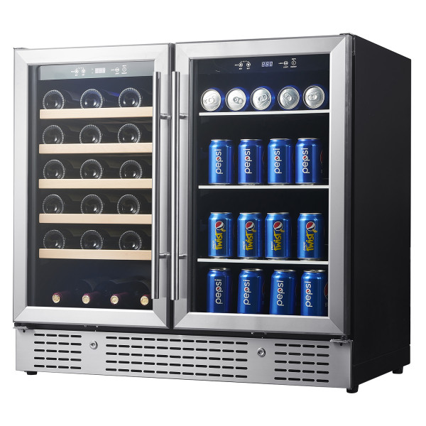 Customizable Dual Zone Wine & Beverage Cooler with Double Door - Left Side for Wine with Wooden Shelves and  Right Side for Beverage with Glass Shelves