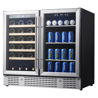 Customizable Dual Zone Wine & Beverage Cooler with Double Door - Left Side for Wine with Wooden Shelves and  Right Side for Beverage with Glass Shelves