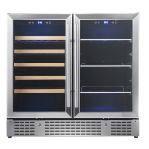 Customizable Dual Zone Wine & Beverage Cooler with Double Door - Left Side for Wine with Wooden Shelves and  Right Side for Beverage with Glass Shelves