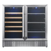 Customizable Dual Zone Wine & Beverage Cooler with Double Door - Left Side for Wine with Wooden Shelves and  Right Side for Beverage with Glass Shelves