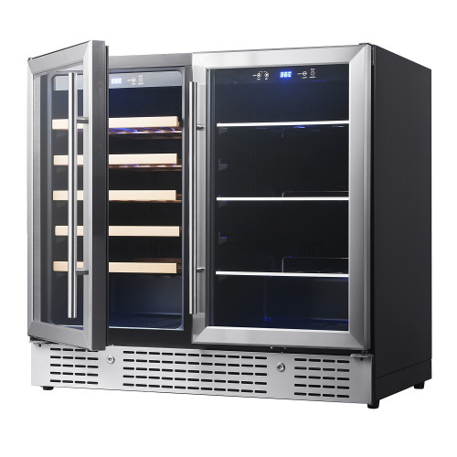 Customizable Dual Zone Wine & Beverage Cooler with Double Door - Left Side for Wine with Wooden Shelves and  Right Side for Beverage with Glass Shelves