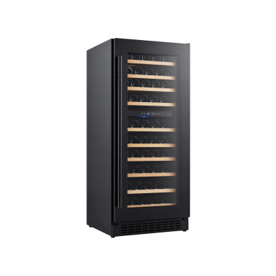 Dual-Zone Compressor Wine Cooler with 11 Wooden Shelves – OEM-Ready Black Glass Door Wine Fridge