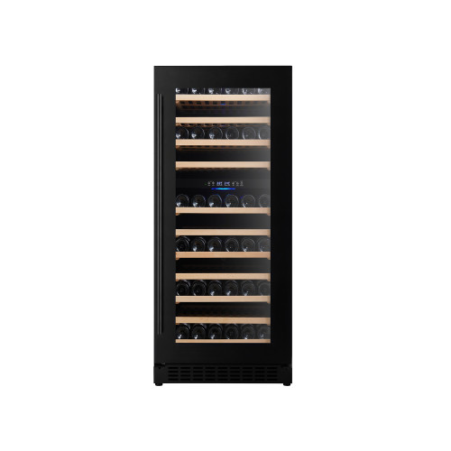 Dual-Zone Compressor Wine Cooler with 11 Wooden Shelves – OEM-Ready Black Glass Door Wine Fridge