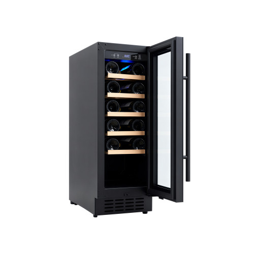 Small Single Zone Wine Cooler, Compressor Cooling, Black Glass Door with 5 Wood Shelves