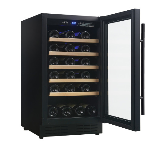 OEM & ODM 34 bottles Modern Single Zone Wine Cooler with Wooden Shelves and Black Glass Door