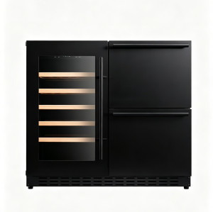 Black Versatile 190L Standalone Refrigerator: Wine Cooler Left, Spacious Storage Drawers Right