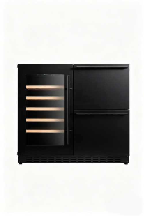 Black Versatile 190L Standalone Refrigerator: Wine Cooler Left, Spacious Storage Drawers Right